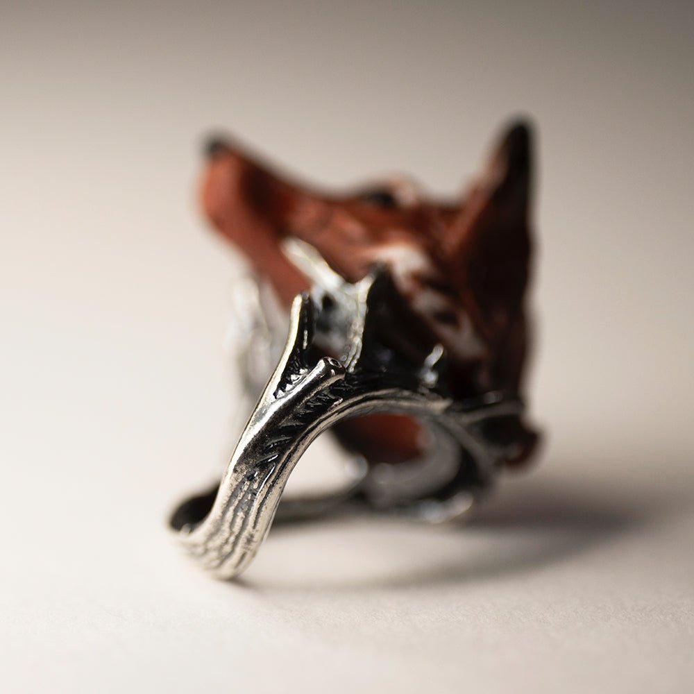 Fox ring - orange variant - on white background, the band of the sterling silver ring is shown