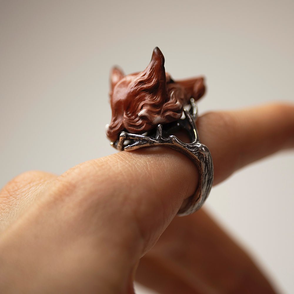 Fox ring - on a model's hand, index finger, shows overall dimensions and fit