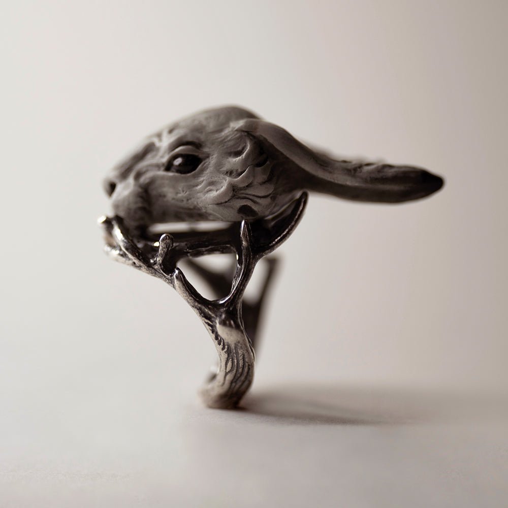 Hare ring - grey variant - side view, general appearance as well as details like glossy black eye, ears, fur relief