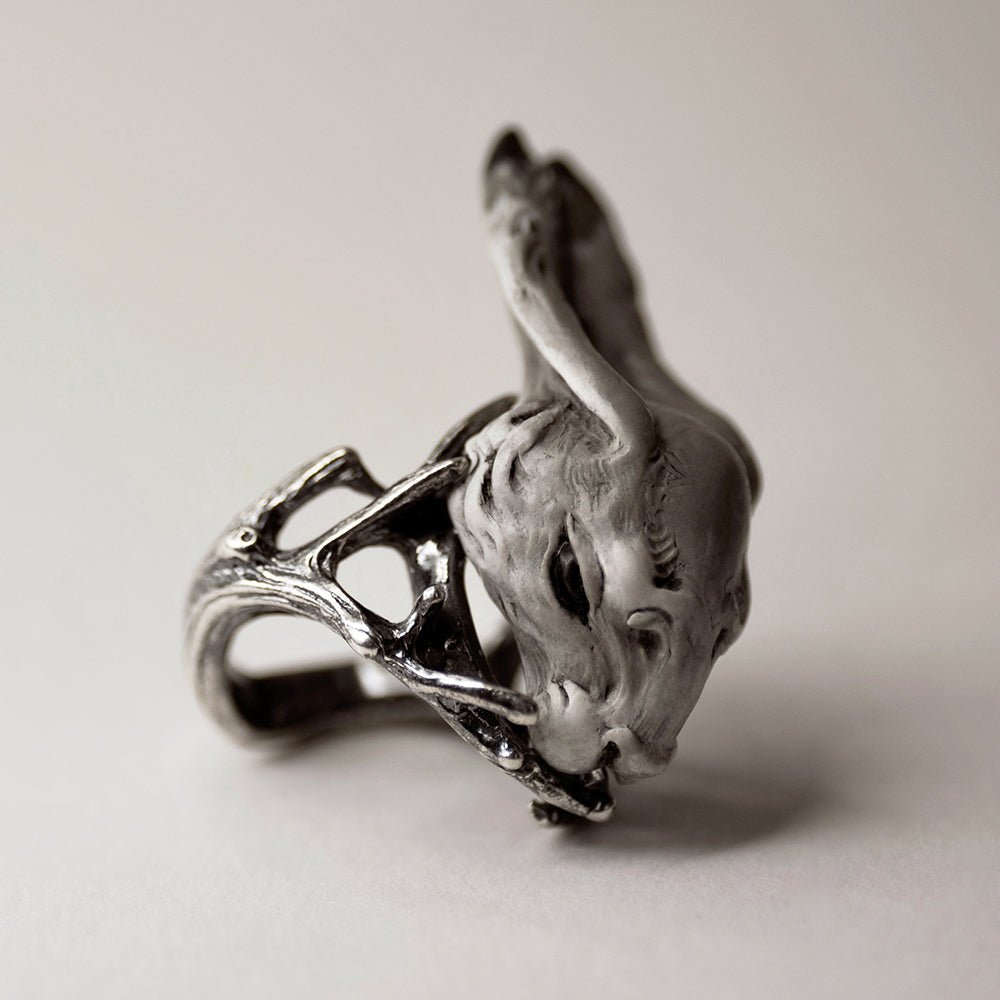 Hare ring - grey variant - focus on hare's sculpted fur, colours and glossy black eye