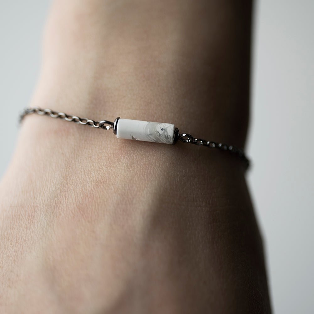Marble Bracelet - silver variant - on a wrist, focus on the howlite detail