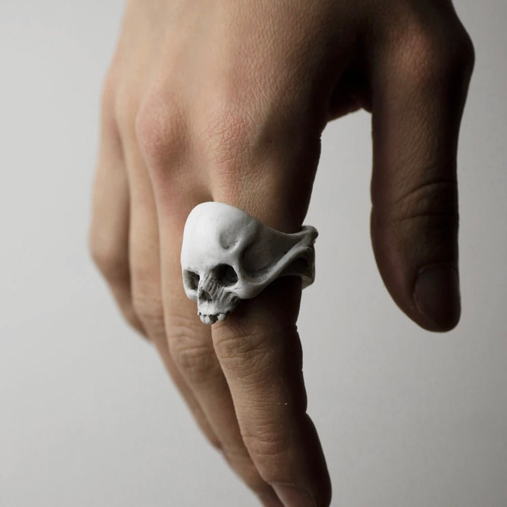 Model wearing a Skull ring - no jaw gothic skull ring styling shot