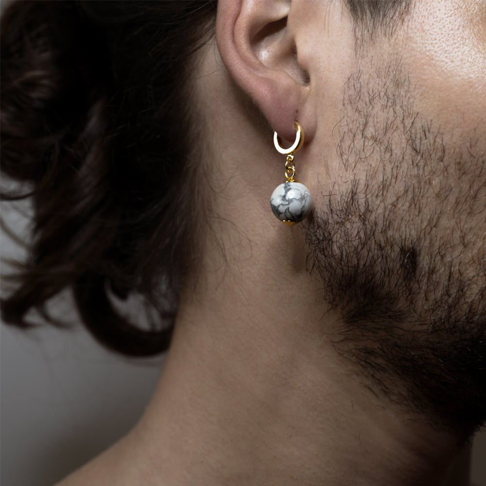 Male model wearing Marble Sphere earring - natural stone hoop earring 