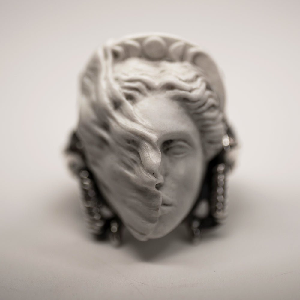 Medea ring — hand-sculpted marble face with wind-caught veil and moon phase coronet, heavy sterling silver signet ring by THEA Macabre Gadgets