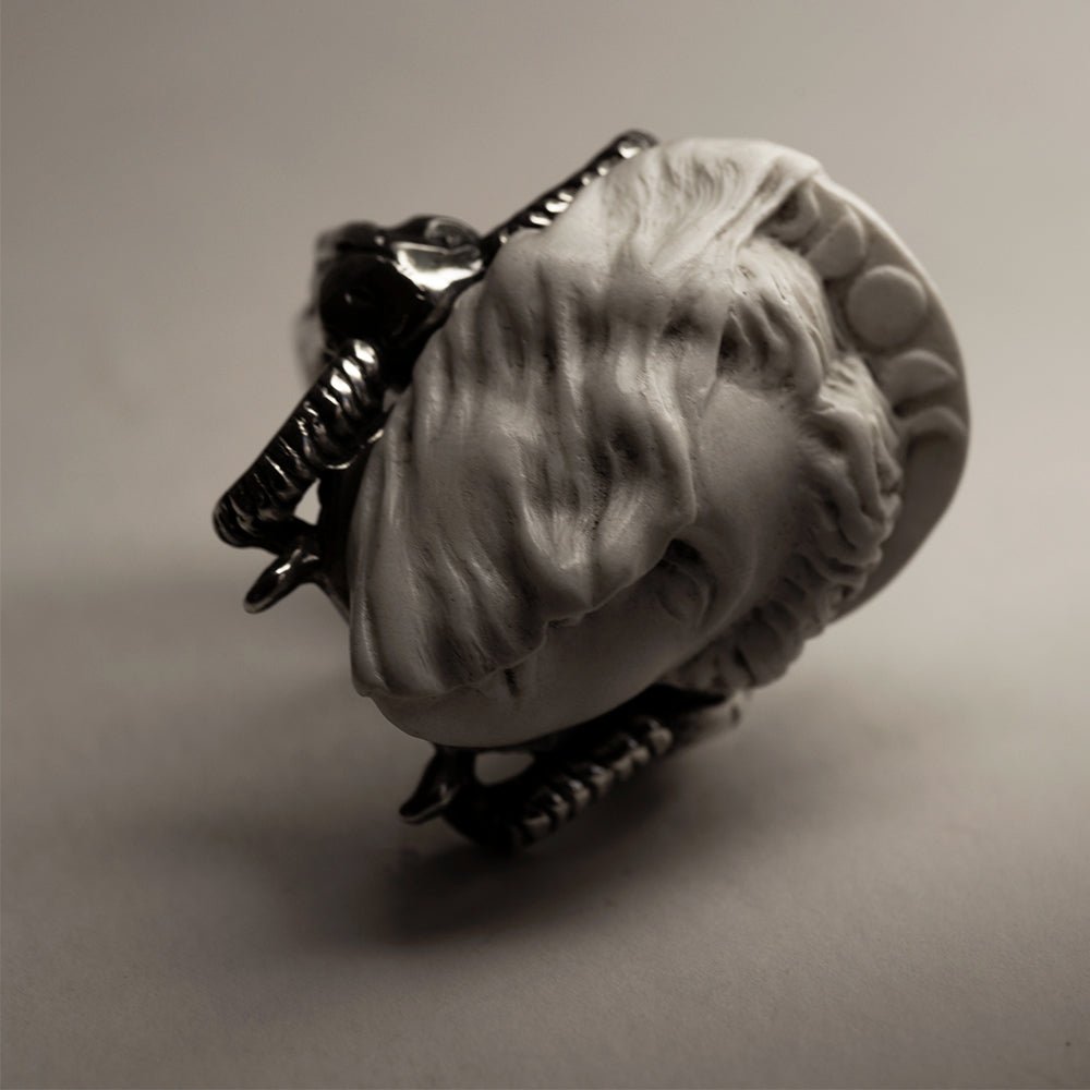 Medea ring on model's hand — Hecate Helios mythology signet ring, handcrafted sterling silver and marble statement ring