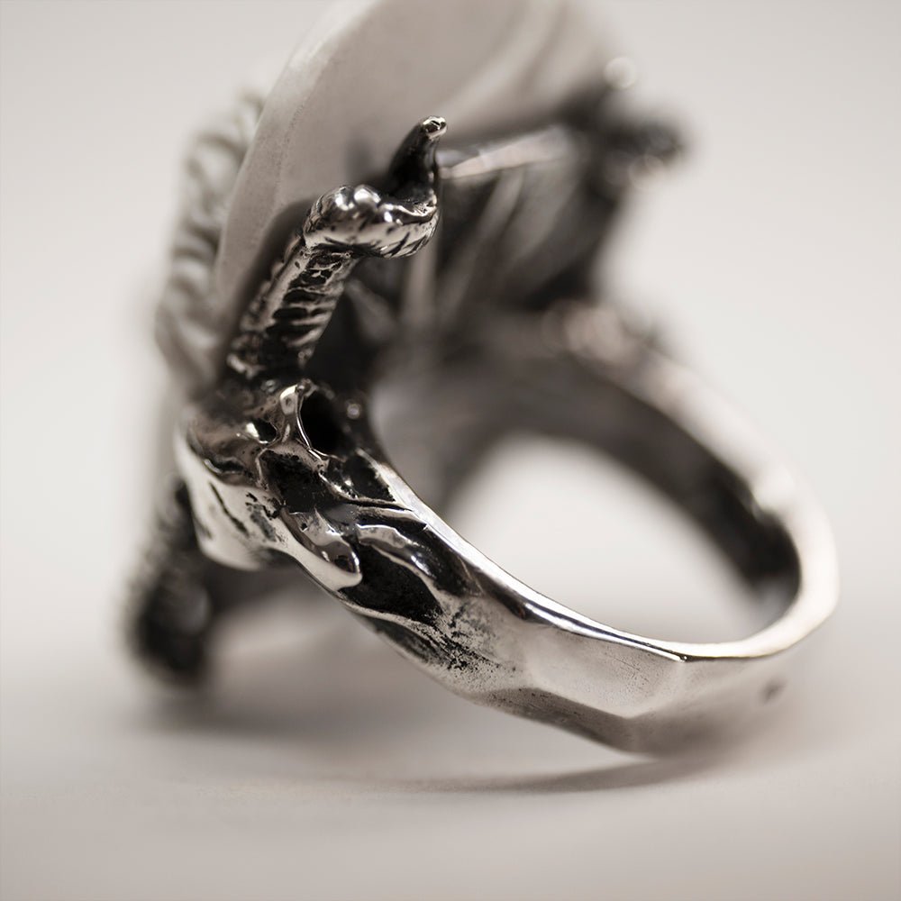 Close-up of Medea ring ram skull detail — intricately carved sterling silver ram skull, greek mythology witch ring by Macabre Gadgets