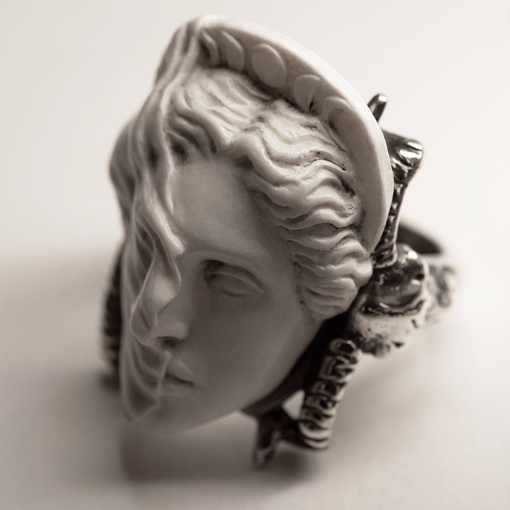 Medea ring — sculptural marble face with stone-fold veil and moon phase coronet, Medea greek mythology ring in oxidised sterling silver