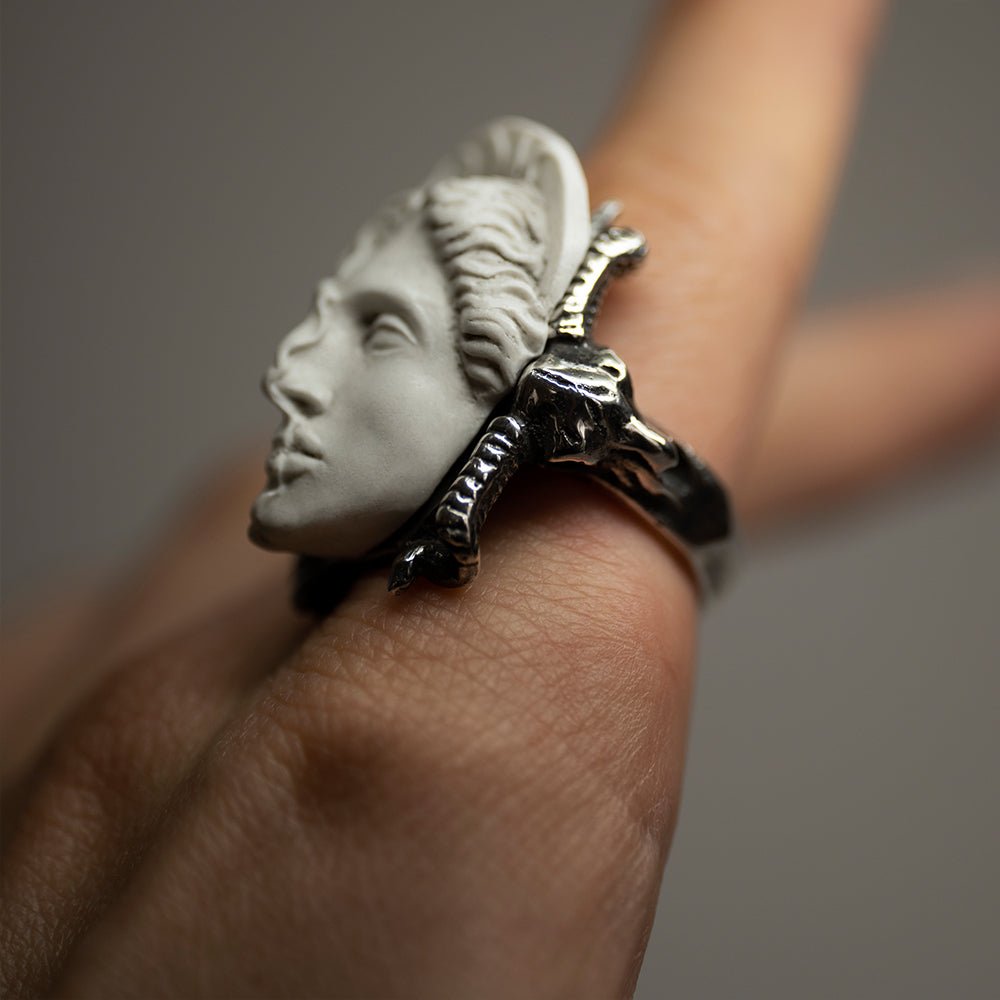 Medea ring silver band close-up — ram skull and architectural sterling silver detail, handcrafted greek mythology ring