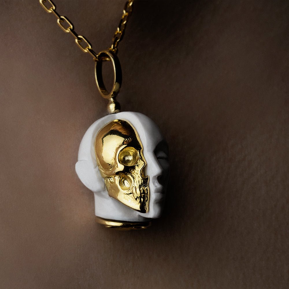 Oracle Skull pendant on a model, close-up