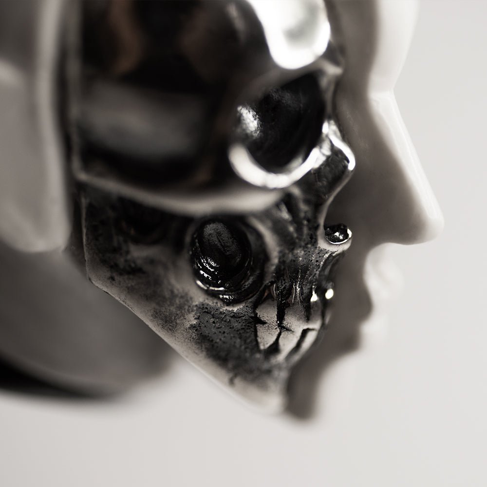 Oracle Skull pendant - profile view - close-up of sterling silver skull detail