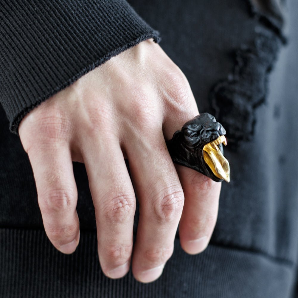 Make model wearing a Panther ring - gothic ring styling shot