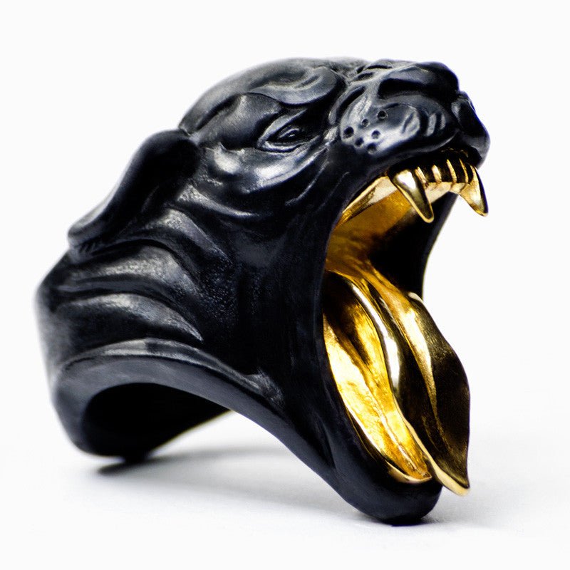 Panther ring - the ring in the shape of panther's head crafted from black marble with gold-plated wide open mouth with long fangs