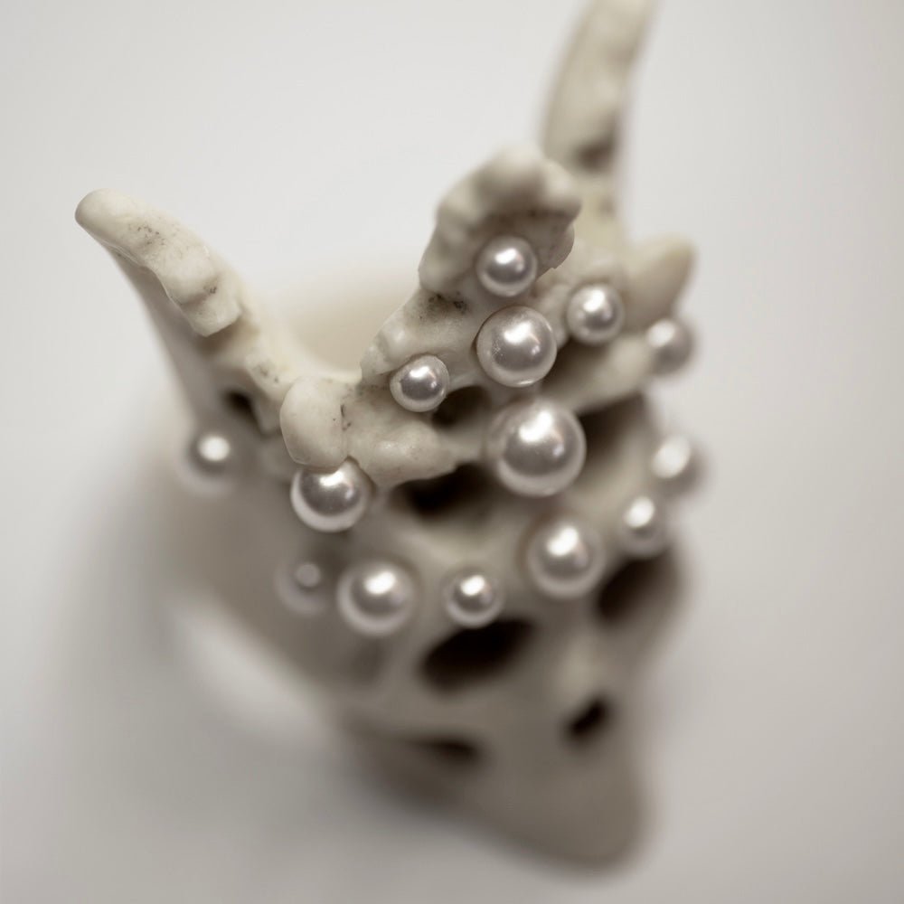 Pearl Crown Skull ring — white marble skull wearing coral-like fleur-de-lys crown richly set with vegan pearls | Macabre Gadgets