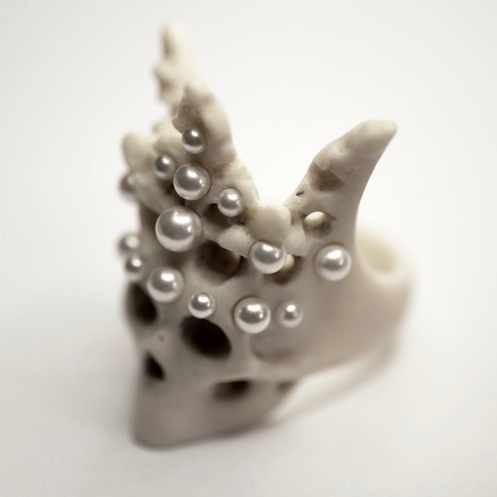Pearl Crown Skull ring — white marble skull with pearl-tipped crown spires on white surface | Macabre Gadgets