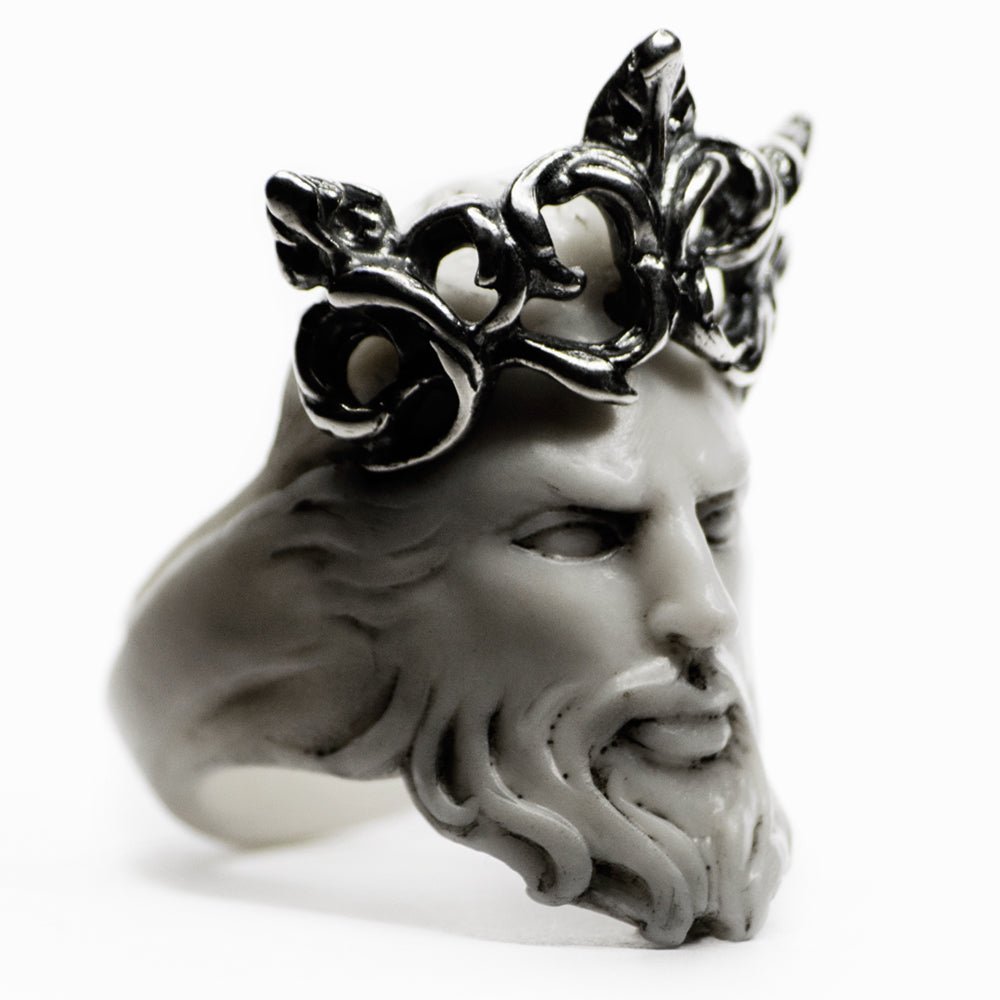 Close-up of Poseidon ring - marble sculptured mythology ring with sterling silver crown