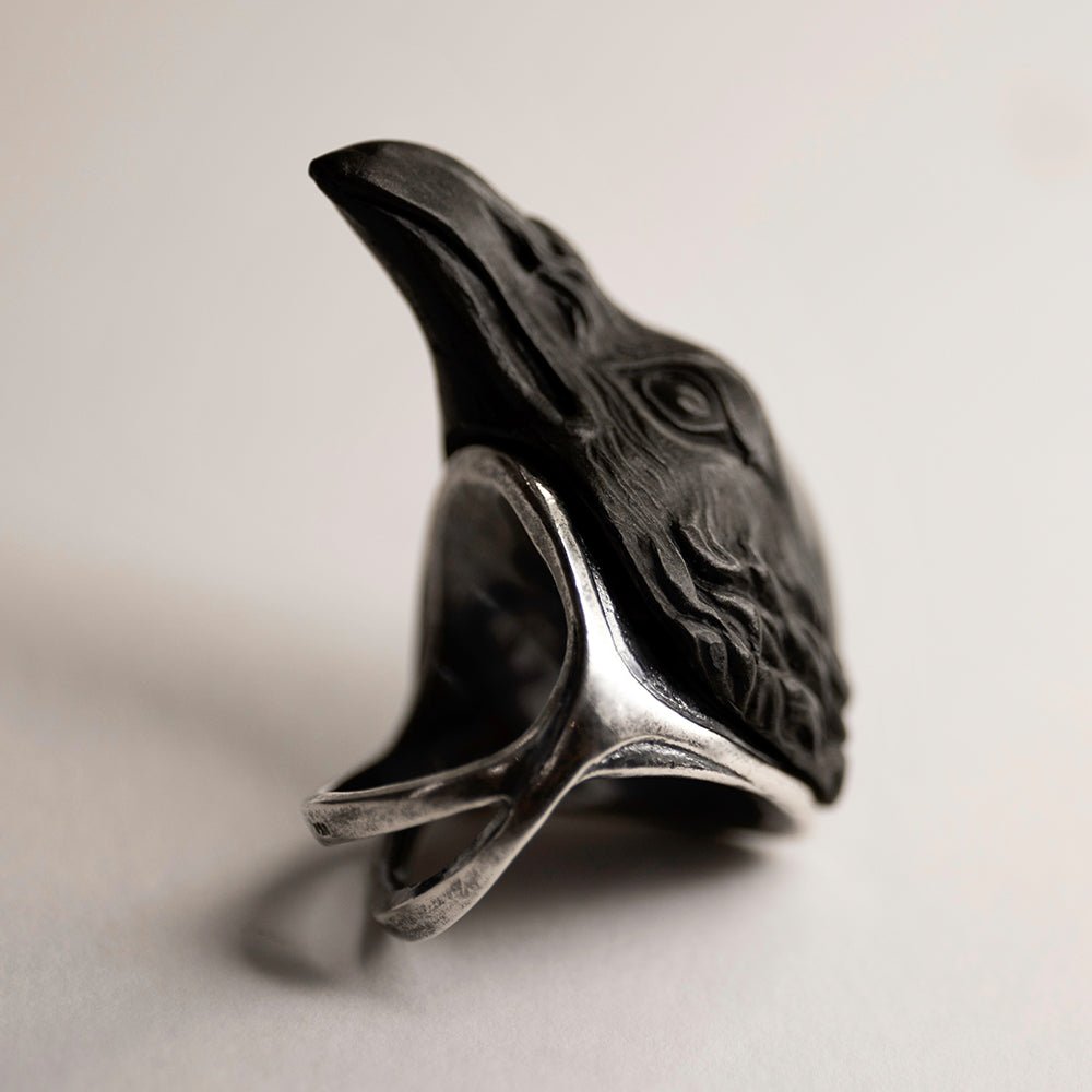 Raven ring - black variant - focus on carefully crafted details of the raven's head and sterling silver ring