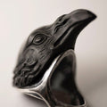 Raven ring - black variant - close up of the raven's head with focus on miniature details