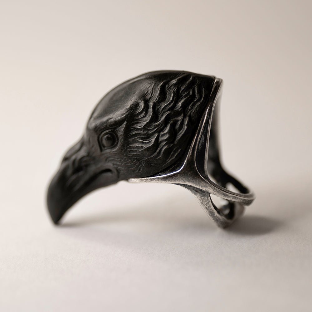Raven ring - black variant - side view, sculpted details like feathers, eye, beak are clearly visible