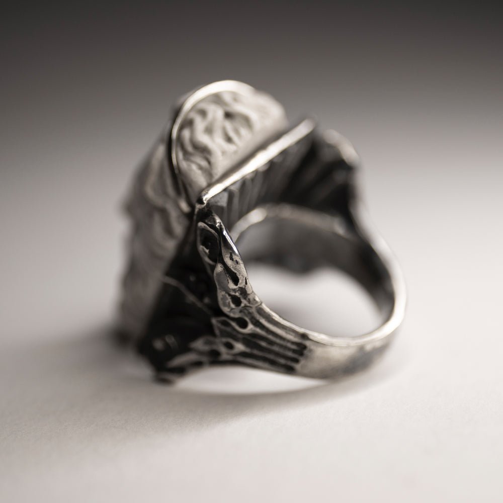 Silver Zeus ring interior — decorated inside of the Corinthian column band, architectural sterling silver signet ring detail