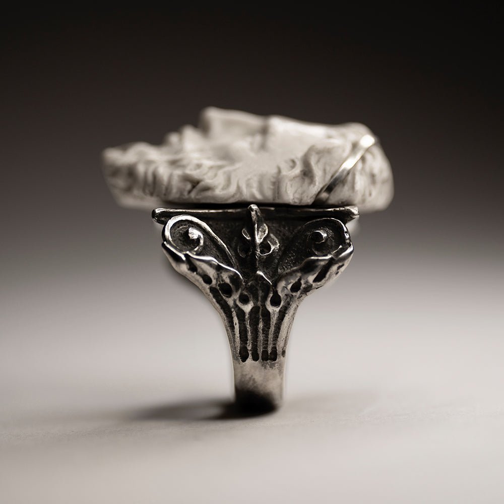 Silver Zeus ring on neutral background — heavy sculptural marble and sterling silver ring, Zeus greek mythology ring by Macabre Gadgets