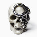 Skull & Snake ring handcrafted by Macabre Gadgets depicting a shiny white skull with a gleaming sterling silver snake