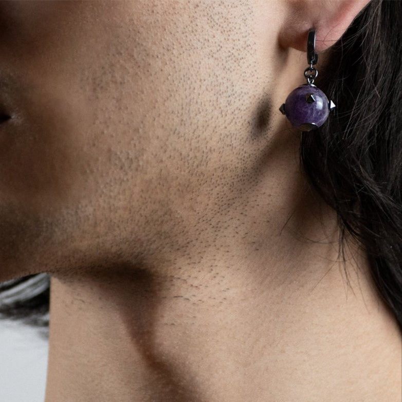 Male model wearing Thistle Amethyst earring - natural stone minimalist gothic earring 